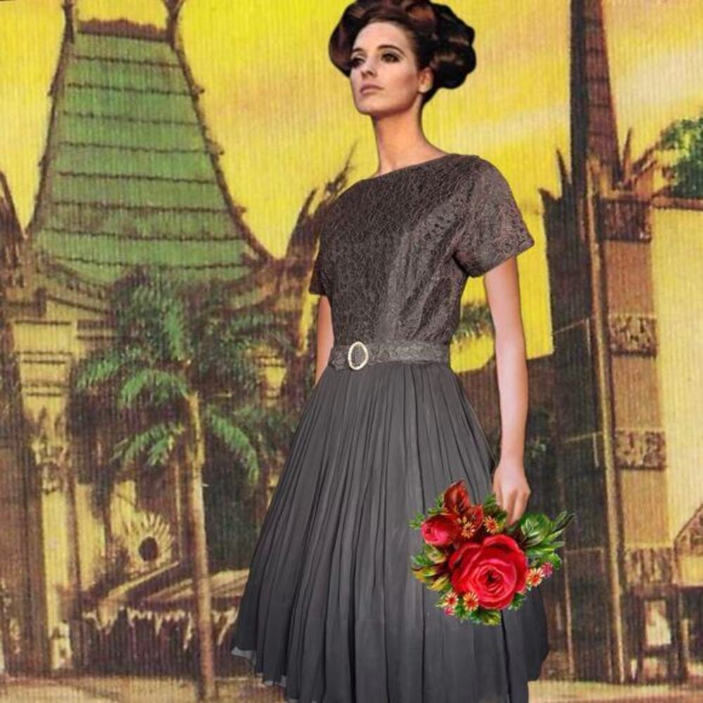1950s Black Lace & Silk Chiffon Herman Marcus Cocktail Dress Sz S/M Prom Belt